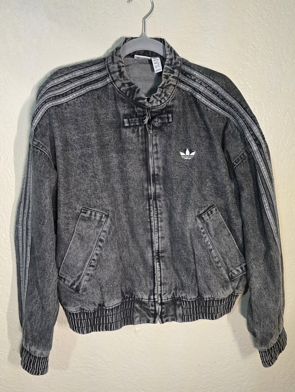 adidas Black Washed Denim-Style Track Jacket with Trefoil LG